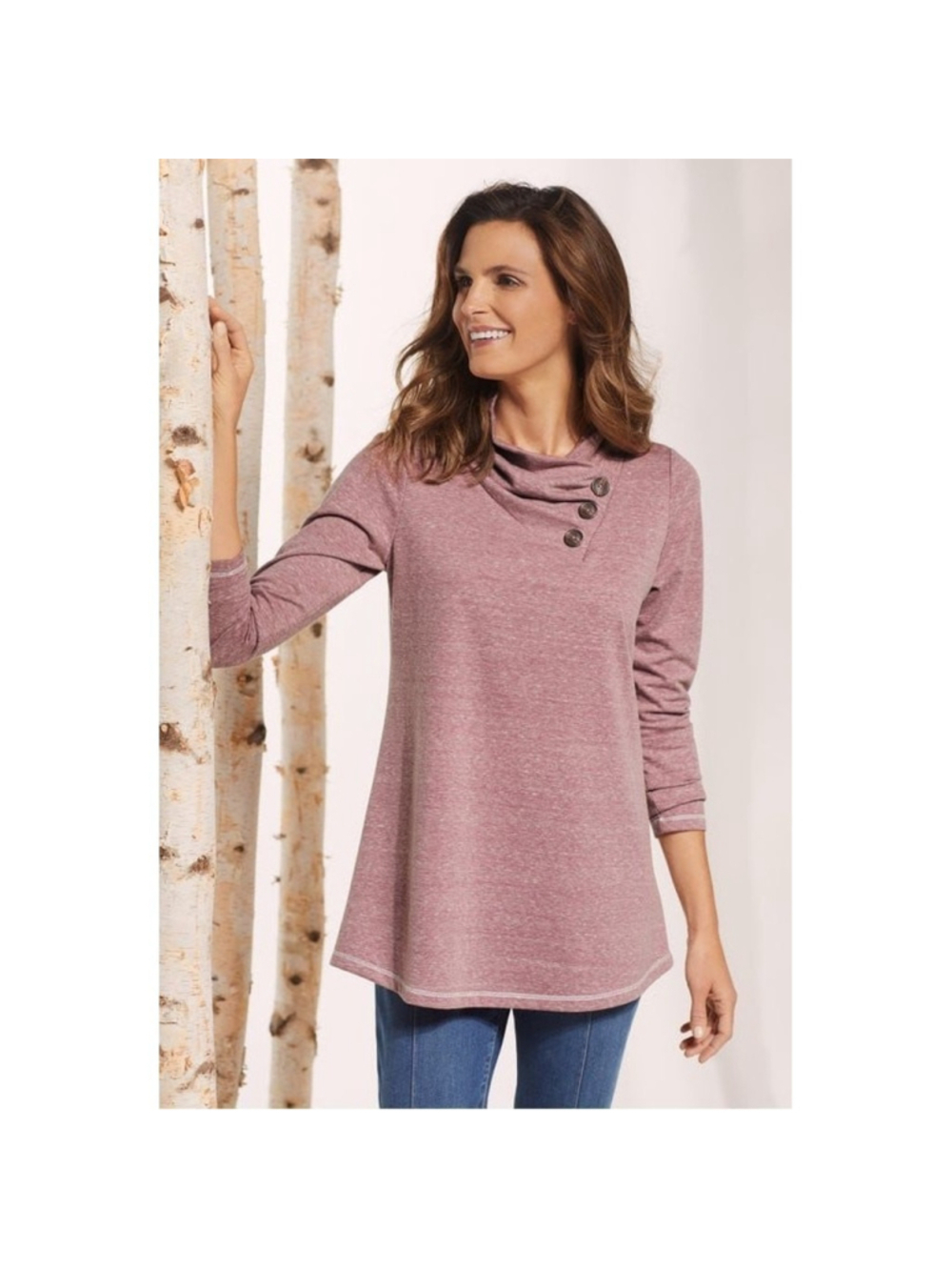 Soft surroundings USA sz S pink high neck career casual sweater w/ button accent